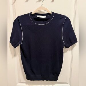 Zara Navy Blue Short Sleeve Sweater with White Accents NWT